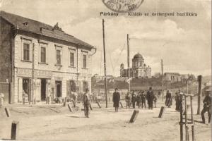 Párkány, Stúrovó; utcakép az esztergomi bazilikával, Nagy és Szabó, Steiner Mór üzletei / street view, shops, basilica (b)