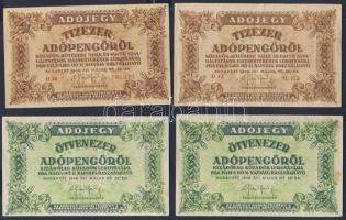 1946. 10.000AP "7" betű mellett fehér folt + jobb alsó sarokban illesztőkereszt része + 10.000AP sorszám utolsó számjegye elmázolva T:II + 1946. 50.000AP hátoldali vékony betűjű szöveggel (2x) T:II+ + Pécs 1918. 20f T:III+