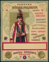 cca 1910 Fabryka Wódek Polskich, Marcelli Dutkiewicz, Kraków, lengyel italcímke, 9x12 cm.