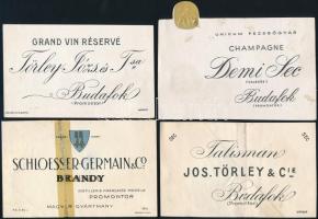 cca 1920-1940 Vegyes italcímke tétel, közte három pezsgőcímkével, 4 db, közte két Törley, és egy Unicum Pezsgőgyár italcímke, az egyik címke ragasztott, 7x11 cm.