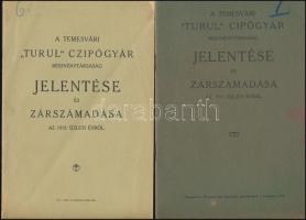 1912, 1915 A Temesvári Turul Cipőgyár Részvénytársaság jelentése és zárszámadása, 2 db
