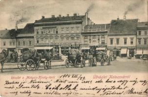 Kolozsvár, Cluj; Mátyás király tér, szekerek, Gergely Ferencz, Remenyik Victor, Lászlóczki testvérek és Segesvári és társai üzlete / square, shops (EK)