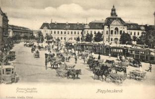 Nagybecskerek, Velky Beckerek, Zrenjanin; Ferenc József tér, Megyeháza, piac, városi vasút. Oldal felvétele és kiadása / square, county hall, market, urban railway