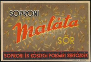cca 1920-1940 Soproni Maláta Sör, sörcímke, Soproni és Kőszegi Polgári Serfőzdék, Globus Rt., 7x11 cm.