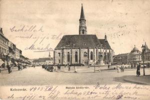 Kolozsvár, Cluj; Mátyás király tér, templom / square, church (kis szakadás / small tear)