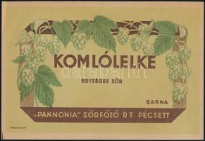 cca 1940 Komlólelke, sörcímke, Pannonia Sörfőző Rt. Pécs, 7x11 cm.