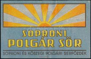 cca 1940 Soproni Polgár Sör, sörcímke, Soproni és Kőszegi Polgári Serfőzdék, Várnai (Astoria), a hátoldalán írással, 7x12 cm.