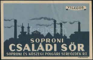 cca 1940 Soproni Családi Sör (világos), sörcímke, Soproni és Kőszegi Polgári Serfőzdék, Klösz Bp., 7x12 cm.