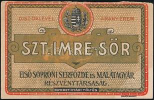 cca 1910 Szt. Imre-sör, sörcímke, Első Soproni Serfőzde és Malátagyár Rt., Bakács Bp., lito, a felső széle kissé vágott, 7x11 cm.