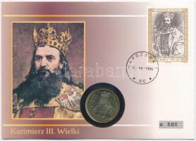 Lengyelország 1987MW 100Zl Cu-Ni III. Kázmér sorszámozott borítékban, bélyeggel és bélyegzéssel T:2 Poland 1987MW 100 Zlotych Cu-Ni Kazimierz III in numbered envelope with stamps C:2 Krause Y#167