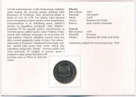 Lengyelország 1987MW 100Zl Cu-Ni "III. Kázmér" sorszámozott borítékban, bélyeggel és bélye...