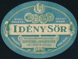 cca 1920 Idény-sör, sörcímke, Nyugat-Magyarországi Serfőződe és Malatagyár Rt., Klösz Gy. és Fia, 8x10.5 cm.
