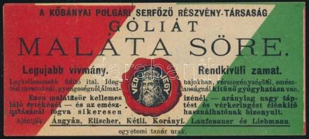 cca 1920 Góliát Maláta Söre, sörcímke, Kőbányai Polgári Serfőzde, szakadt, 4x10 cm.
