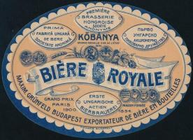 cca 1900 Biére Royale, sörcímke, Kőbányai Polgári Serfőzde, Posner Károly Lajos Bp., export, 8x11 cm./ cca 1900 Biére Royale, beerlabel, 8x11 cm.