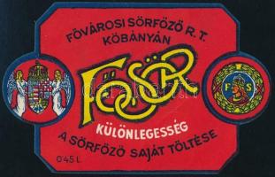 cca 1910 Fősör, sörcímke, Fővárosi Sörföző Kőbánya, lito, 7x12 cm
