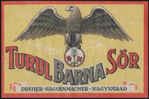 cca 1920-1930 Turul Barna Sör, sörcímke, Dreher-Haggenmacher Nagyvárad, 7x11 cm.