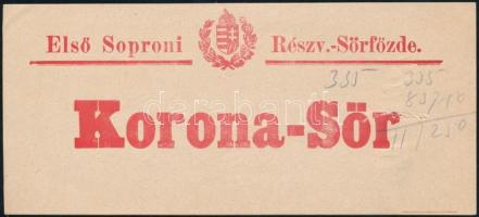 Korona-sör, dobozcímke, Első Soproni Részvény Sörfőzde, jegyzettel, 7x15 cm.