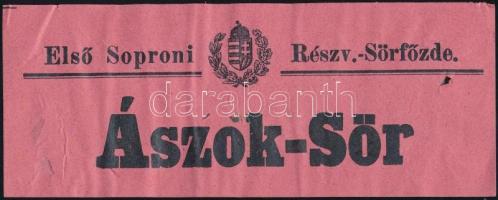 Ászok-sör, dobozcímke, Első Soproni Részvény Sörfőzde, a hátoldalon jegyzettel, 6x15 cm.