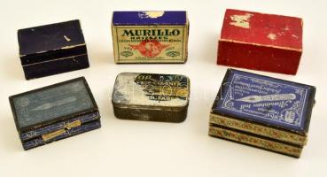cca 1910-1930 6 doboznyi tollhegy, tollszem, díszes papír és fém dobozokban