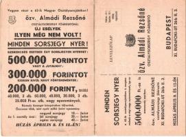 Özv. Almádi Rezsőné M. Osztálysorsjegy Főárusító kihajtható reklámlapja / Hungarian lottery ticket v...