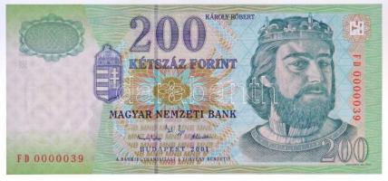 2001. 200Ft alacsony FD 0000039 T:I / Hungary 2001. 200 Forint with low FD 0000039 serial number C:UNC Adamo F53A3