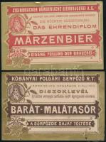 cca 1910 Sörcímke tétel 2 db, Märzenbier, Barát-Malátasör, Kőbányai Polgári Serfőző/Steinbrucher Bürgerliche Bierbrauerei, az egyik exportra gyártott, a másik szakadt, 8x11 cm és 8x12 cm között méretben./