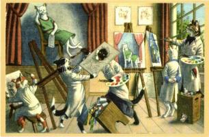 Cats painting class, cat art students - modern postcard