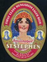 cca 1920-1930 St. Stephen "Smiling Girl", sörcímke, Kőbányai Polgári Serfőzde, Révai, export, 8x11 cm./ cca 1920-1930 St. Stephen "Smiling Girl", beerlabel, Civil Brewery, export, 8x11 cm.