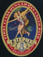 cca 1920 St. Stephen "Dancers", sörcímke, Kőbányai Polgári Serfőzde, Kunossy Bp., export, 8x11 cm./ cca 1920 St. Stephen "Dancers", beerlabel, Civil Brewery, export, 8x11 cm.