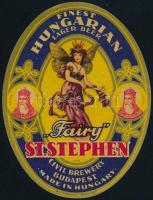 cca 1920 St. Stephen "Fairy", sörcímke, Kőbányai Polgári Serfőzde, Kunossy Bp., export, szakadt, 8x11 cm./ cca 1920 St. Stephen "Fairy", beerlabel, Civil Brewery, export, damaged, 8x11 cm.