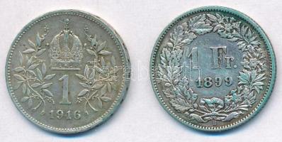 Vegyes: Ausztria 1916. 1K Ag "Ferenc József" + Svájc 1899B 1Fr Ag T:2,2-
Mixed: Austria 1...
