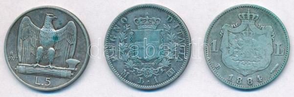 Vegyes: Olaszország 1863M BN 1L Ag "II. Viktor Emánuel" + 1927R 5L Ag "III. Viktor Em...