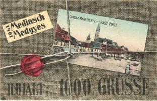 Medgyes, Mediasch, Medias; Nagy piac, csomagos üdvözlő montázslap / Grosser Marktplatz / Market square. package greeting montage postcard
