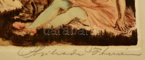 Prihoda István (1891-1965): Mulatozók. Színezett rézkarc, papír, jelzett, 25×32 cm