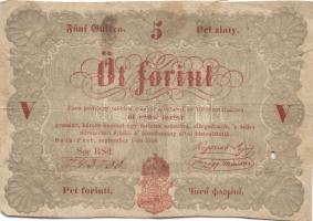 1848. 5Ft "Kossuth bankó" (5x) ritkább variánsú román szöveggel T:IV, benne keskenyre vágo...