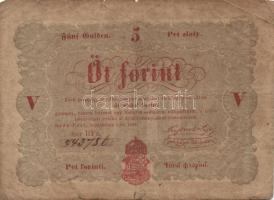 1848. 5Ft "Kossuth bankó" (5x) ritkább variánsú román szöveggel T:IV, benne keskenyre vágo...