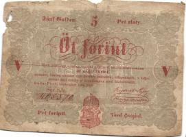 1848. 5Ft "Kossuth bankó" (5x) ritkább variánsú román szöveggel T:IV, benne keskenyre vágo...