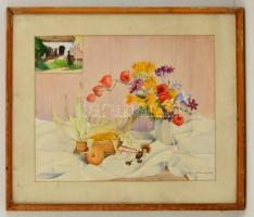 Mácsai jelzéssel: Gesztenye Gusztis csendélet. Akvarell, papír, üvegezett keretben, 39×48 cm