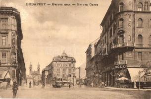 Budapest VIII. Baross utca, villamos, Bodó Kávéház, Ötvös és Bíró üzlete, Matild udvar, Fellner Mór kiadása