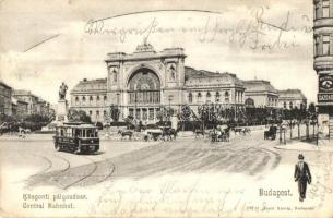 Budapest VII. Keleti pályaudvar, villamos, Baross-szobor, Pick Oswald üzlete. Divald Károly 146. sz. (EK)