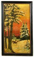 Zorkóczy jelzéssel: Téli naplemente őzikékkel. Olaj, vászon, sérült, keretben, 67×36 cm