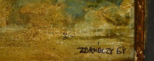 Zorkóczy jelzéssel: Téli naplemente őzikékkel. Olaj, vászon, sérült, keretben, 67×36 cm