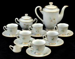 Észak-koreai porcelán kávéskészlet, 6 személyes, matricás, jelzett, kopásnyomokkal