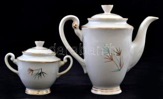 Észak-koreai porcelán kávéskészlet, 6 személyes, matricás, jelzett, kopásnyomokkal