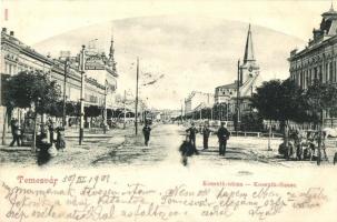 Temesvár, Timisoara; Kossuth utca, templom, Takarékpénztár, Párisi Nagyáruház / street view, church, savings bank, shops