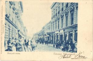 Temesvár, Timisoara; Hunyadi utca, Csendes Jakab üzlete és saját kiadása / street view with shops  (EK)