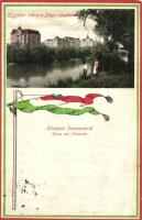 Temesvár, Timisoara; Erzsébetváros és Béga part. magyar zászlós keret / river bank. Hungarian flag frame