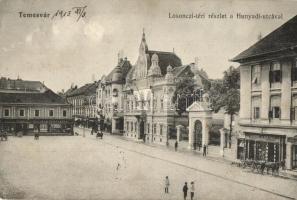 Temesvár, Timisoara; Losonczi tér, Hunyadi utca, Központi Áruház, Deutsch Testvérek és Kerschek és Kubitsek üzlete / square, street, shops (EK)