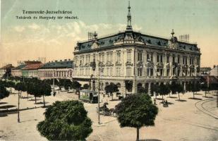 Temesvár, Timisoara; Józsefváros, Takarékpénztár és Hunyadi tér, villamos / savings bank, square, tram (EK)