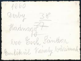 1960 Esch Sándor lovával, Hadnaggyal, feliratozott fotó, 8x11 cm